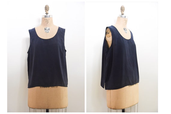 Vintage 90s Silk Tank | vintage navy blue silk tan
