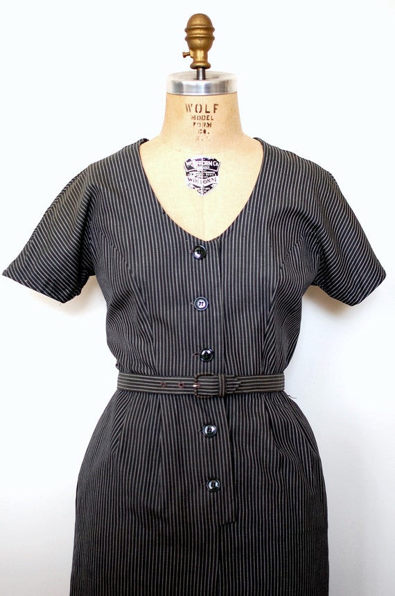 Vintage 50s 1950s Grey Cotton Pinstripe Day Dress… - image 3