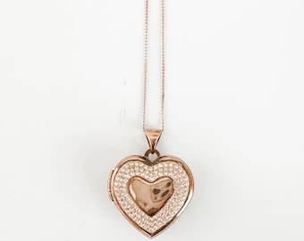Vintage 9k 375 Rose Gold Heart Locket Necklace with Crystal CZ Pave, 18” Chain