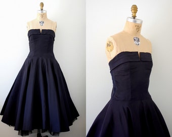 Vintage 50s 1950s Edythe Washington Navy Blue Silk Faille Couture Gown