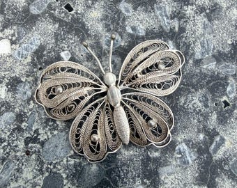 Antique Silver Butterfly Brooch, Cannetille Filigree Art Nouveau Pin