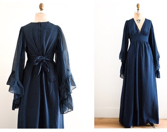 Vintage 70s 1970s Navy Blue and White Swiss Dot Cotton Voile Angel Wing Sleeve Maxi Dress Gown