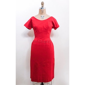 Vintage 50s 1950s Lipstick Red Teena Paige Fashions Cocktail Wiggle Dress with Rhinestones