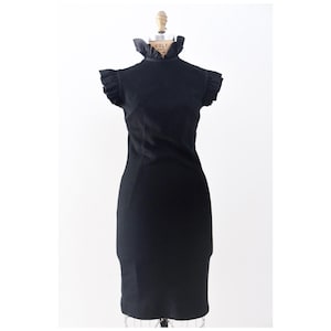 Vintage 60s 1960s Black Pleated Stretch Wool Jersey Dress with Ruffled Taffeta Neck and Sleeves