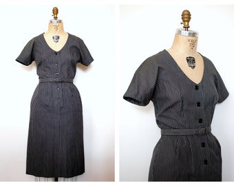 Vintage 50s 1950s Grey Cotton Pinstripe Day Dress with Belt