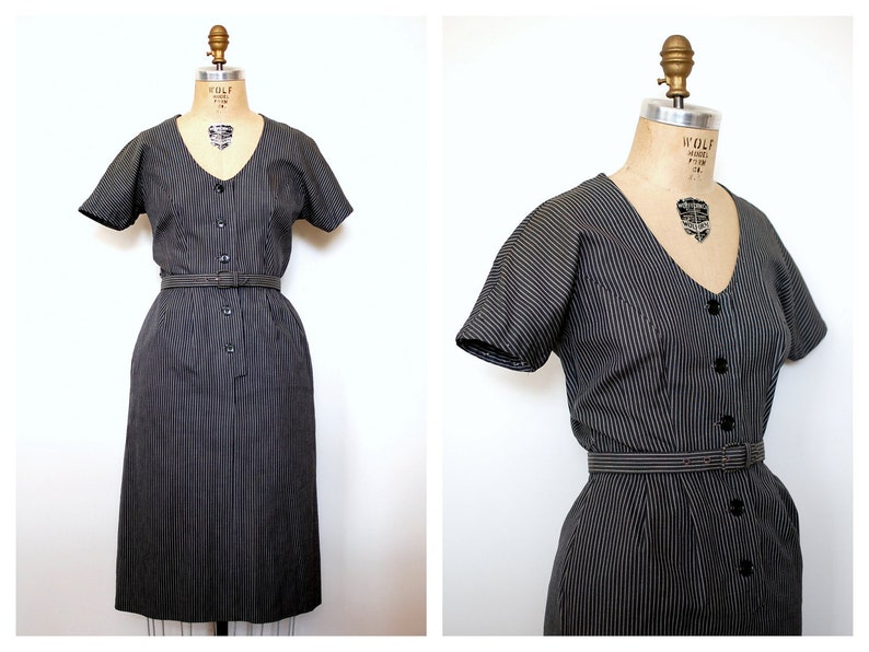 Vintage 50s 1950s Grey Cotton Pinstripe Day Dress with Belt image 1