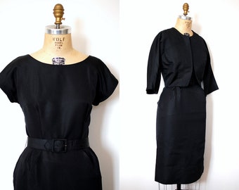 Vintage 50s 1950s RK Originals Black Silk Faille Belted Cocktail Dress and Jacket Set