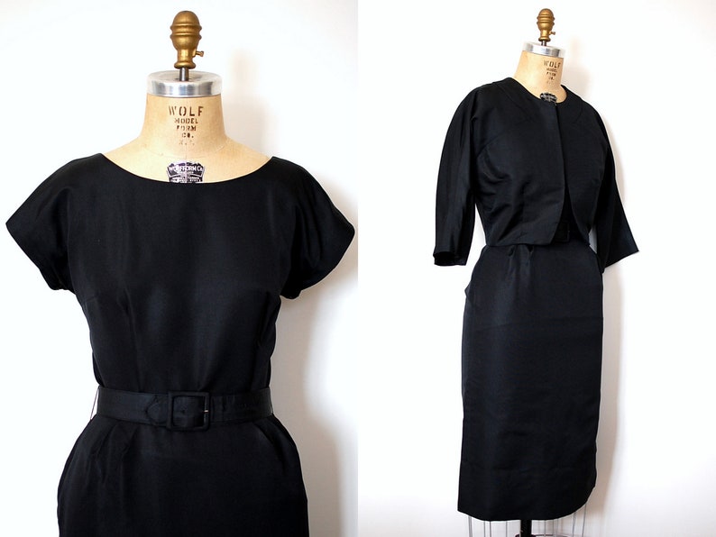 Vintage 50s 1950s RK Originals Black Silk Faille Belted Cocktail Dress and Jacket Set image 1