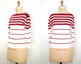 Vintage 70s 1970s White and Burgundy Striped Boatneck Sweater