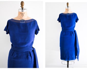 Vintage 50s 1950s Rosalie Macrini Indigo Silk Chiffon Tiered Cocktail Dress