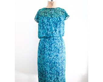 Vintage 60s Abe Schrader Silk Cocktail Dress: Turquoise Abstract Print
