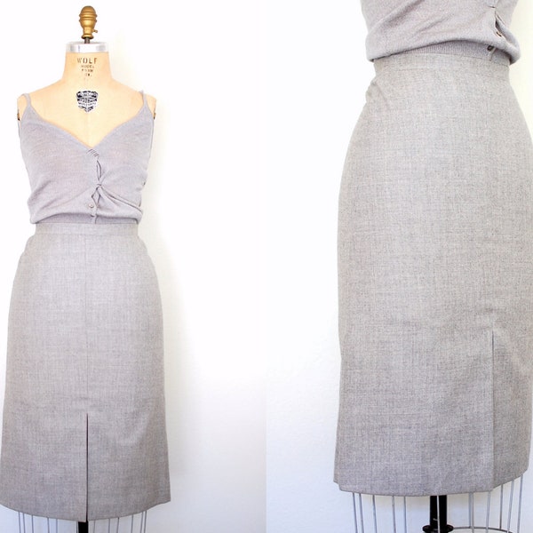 Vintage 60s 1960s Light Grey Heathered Wool Slim Pencil Skirt with Front Kick Pleat