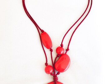 Vintage 80s 1980s Asymmetric Red Plastic Bead Cord Cluster Necklace