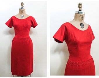 Vintage 50s 1950s Lipstick Red Teena Paige Fashions Cocktail Wiggle Dress with Rhinestones