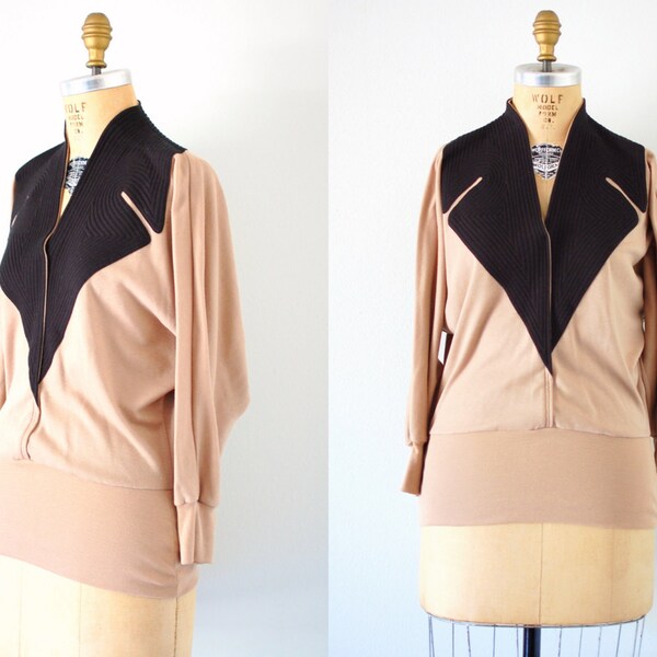 Vintage 80s Black and Taupe Knit Blouson Top