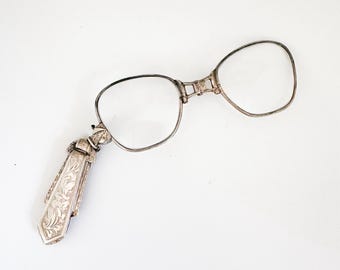 Antique Victorian Sterling Silver Engraved Folding Lorgnettes Vintage Estate Folding Magnifying Glasses Eyeglasses Pendant