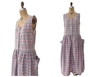 Vintage 80s 1980s Pastel Plaid Cotton Button Front Midi Dress w/ Front Patch Pockets by Let’s Talk size L/XL