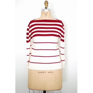 Vintage 70s 1970s White and Burgundy Striped Boatneck Sweater