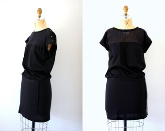 Vintage 80s 1980s Black Cotton Mesh Drop Waist Dress