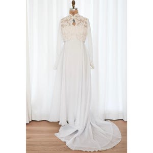 Vintage 70s Balloon Sleeve Wedding Dress | Vintage 70s Wedding Dress | 70s Long Sleeve Empire Waist Wedding Dress with Train and Lace Bolero