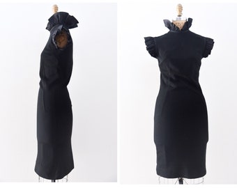 Vintage 60s 1960s Black Pleated Stretch Wool Jersey Dress with Ruffled Taffeta Neck and Sleeves