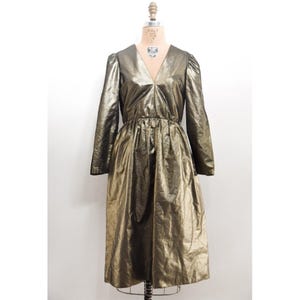 Vintage 80s 1980s Long Puff Sleeve Gold Metallic Lame Party Dress