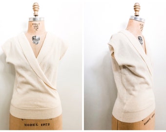 Vintage 70s 1970s Creamy Ivory Wool Criss Cross Pullover Sweater