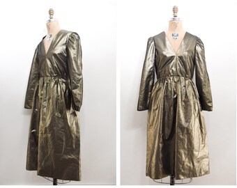Vintage 80s 1980s Long Puff Sleeve Gold Metallic Lame Party Dress