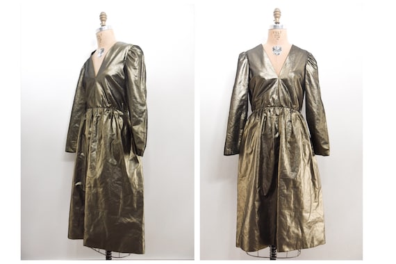 Vintage 80s 1980s Gold Dress | Puff Sleeve Cocktai