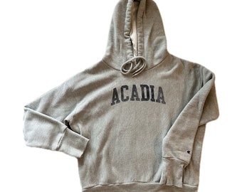 Vintage Acadia Champion Reverse Weave Athletic Gray Hoodie Sweatshirt Small