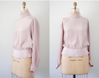 Vintage 80s 1980s Oyster Blush Textured High Neck Satin Blouse