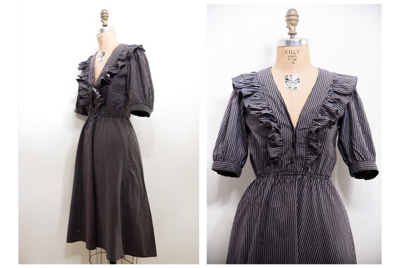 Vintage 70s Ruffle Dress | vintage black striped d