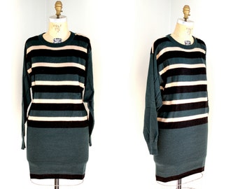 Vintage 70s 1970s Sonia Rykiel Green Wool Striped Blouson Sweater Dress