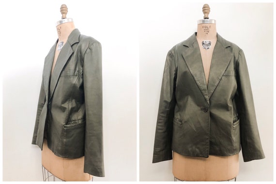 Vintage 80s Olive Green Leather Blazer / green lea
