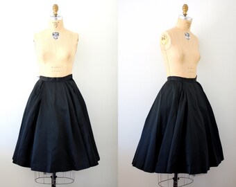 Vintage 50s 1950s Jo Collins Black Satin Pleated Party Circle Skirt