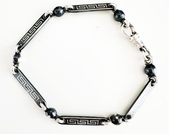 Victorian Niello 800 Silver Bracelet, Greek Key Design, Dog Clip