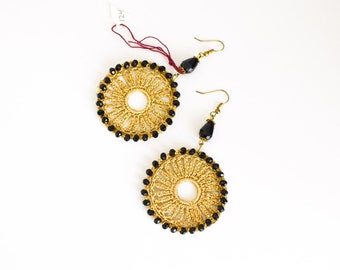 Vintage Woven Gold Silk Earrings / vintage chandelier earrings / woven circle earrings / vintage silk thread earrings