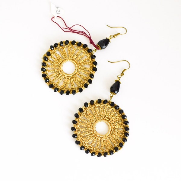 Vintage Woven Gold Silk Earrings / vintage chandelier earrings / woven circle earrings / vintage silk thread earrings