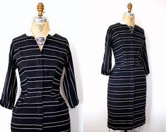 Vintage 40s 1940s Pixie of California Black and White Twill Stripe Wiggle Dress with White Angora Collar