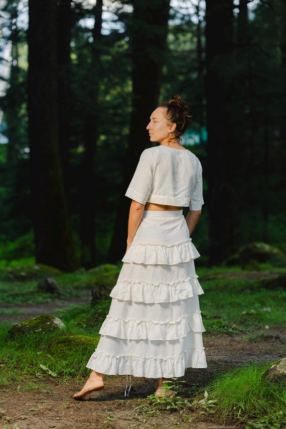 Off-white Ruffle Maxi Skirt Boho Cotton Linen Tiered Skirt for
