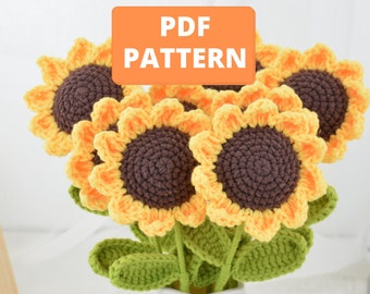 Padrão de girassol de crochê, padrão de buquê de flores, pacote de flores para arranjo de noivado de casamento, aniversário, buquê de flores, decoração diy