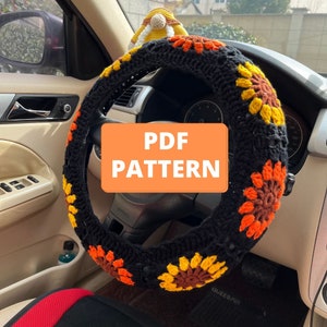 Motivo all'uncinetto per coprivolante, motivo Girasole e Quadrato della nonna, Motivo decorativo per accessori auto, Motivo per copri cintura di sicurezza