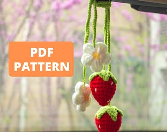 Padrão de morango de crochê, padrão de flor bonito feito à mão, acessórios de carro decoração de espelho retrovisor, primeiro presente de carro para mulheres