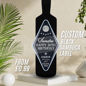 Autocollant personnalisé d'étiquette de bouteille de Sambuca NOIR - Cadeau souvenir unique pour toutes les occasions, lot fait main sincère 5 cl mini