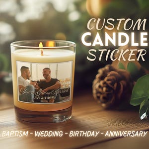 Adesivi per candele personalizzati con bordo GRIGIO - Aggiungi foto personalizzata per matrimonio tra persone dello stesso sesso, qualsiasi occasione, compleanno di animali domestici, neonato, idea regalo per studenti