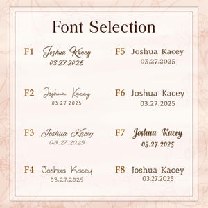 Może przedstawiać: Jasny beżowy wykres przedstawia opcje czcionek. Tekst "Font Selection" znajduje się na g&oacute;rze. Osiem styl&oacute;w czcionek jest pokazanych, każdy z nazwą "Joshua Kacey" i datą "03.27.2025" w r&oacute;żnych stylach. Tło ma kwiatowy wz&oacute;r.