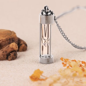May include: A silver-toned pendant necklace featuring a clear, cylindrical vial with a decorative element inside. The vial is suspended from a delicate chain. The background is a neutral beige, with dried flowers and a wooden element.