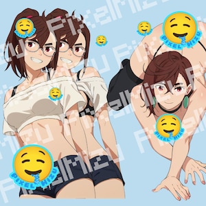 May include: Digital illustration of three anime-style figures with brown hair and glasses. The figures are wearing various outfits, including a white crop top, shorts, and a black swimsuit. The background is a light blue color.
