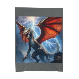 May include: A gray dragon with red wings flies through a stormy sky with lightning bolts. The dragon has a fierce expression and sharp claws.