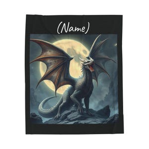 Fierce and Mighty Dragon Full Moon Design Plush Blanket, Cozy Gift, Soft Bedding, Great For Dragon Enthusiasts, Personalize With a Name